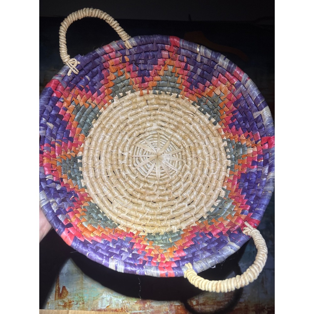 Hand Woven Multicolor Raffia Basket Round Geometric Storage Bowl with Handles